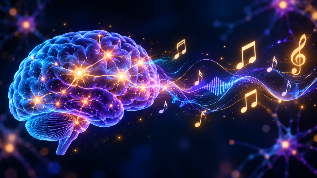 Ilustración de un cerebro humano conectado a ondas sonoras y notas musicales
