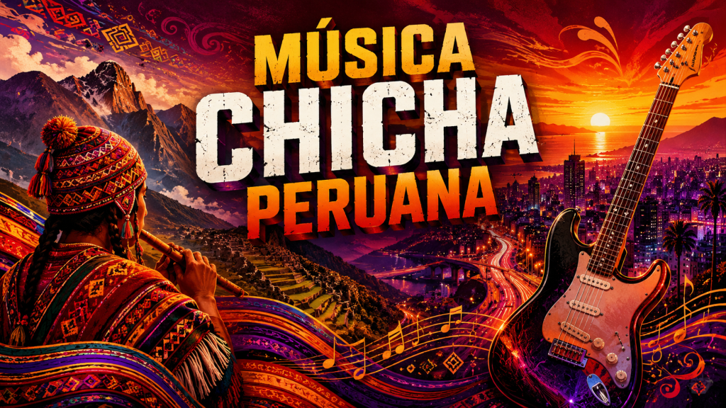 Poster de la música chicha peruana con guitarra eléctrica y elementos andinos