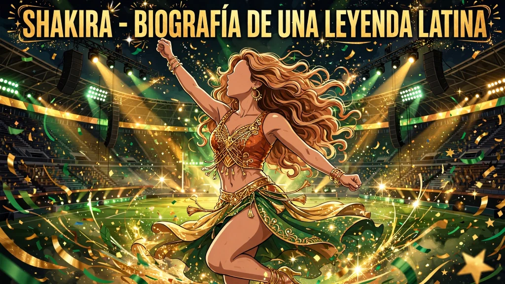 Shakira biografía: ilustración de una cantante latina con cabello ondulado sobre un escenario