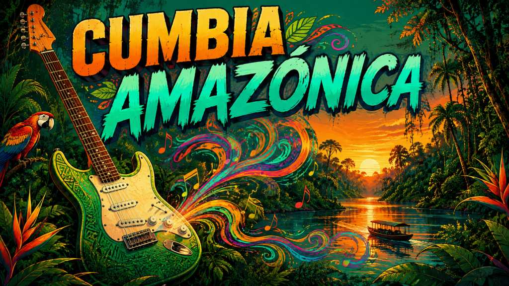 Poster de la cumbia amazónica peruana con guitarra eléctrica y selva tropical
