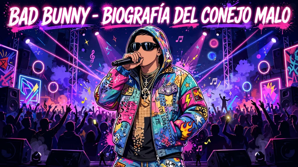 Bad Bunny biografía: ilustración de un cantante urbano latino con micrófono y luces de escenario