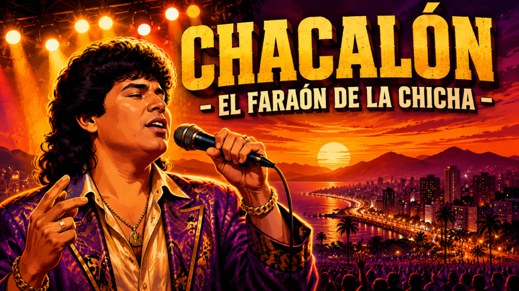 Retrato ilustrado de Chacalón, el Faraón de la Chicha, con micrófono y luces de concierto
