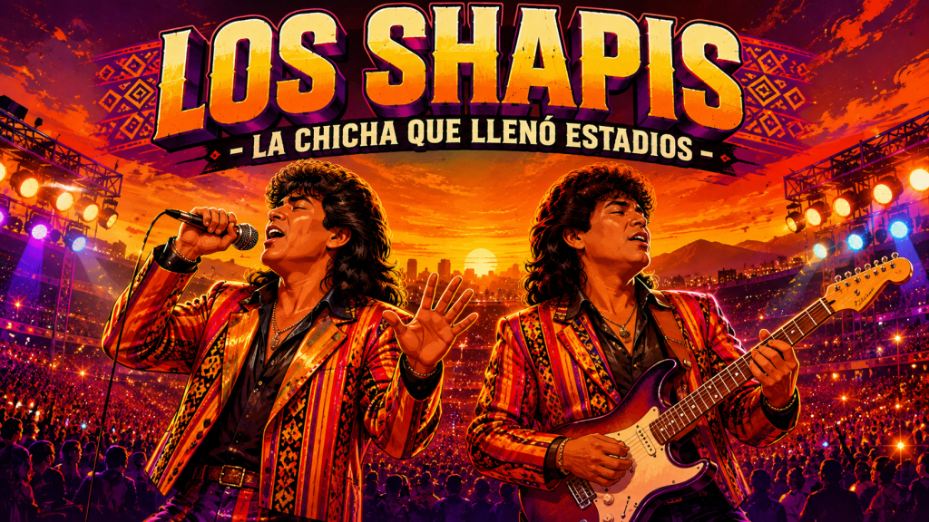 Ilustración de una banda de chicha peruana de los años 80 tocando en un estadio con luces de colores