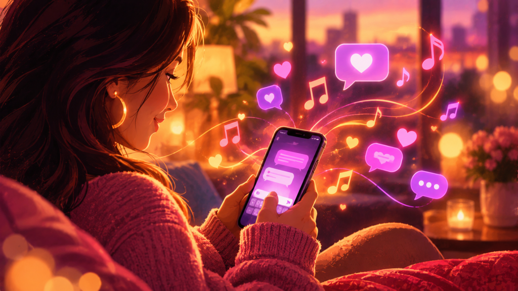 Persona enviando un mensaje con notas musicales y corazones - canciones para dedicar Persona enviando un mensaje con notas musicales y corazones - canciones para dedicar