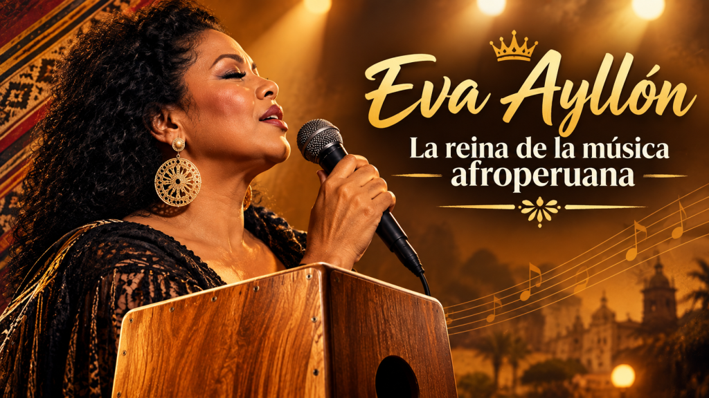 Retrato ilustrado de una cantante criolla peruana con cajón afroperuano de fondo