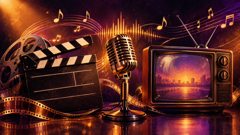 Claqueta de cine y micrófono de radio con notas musicales de fondo