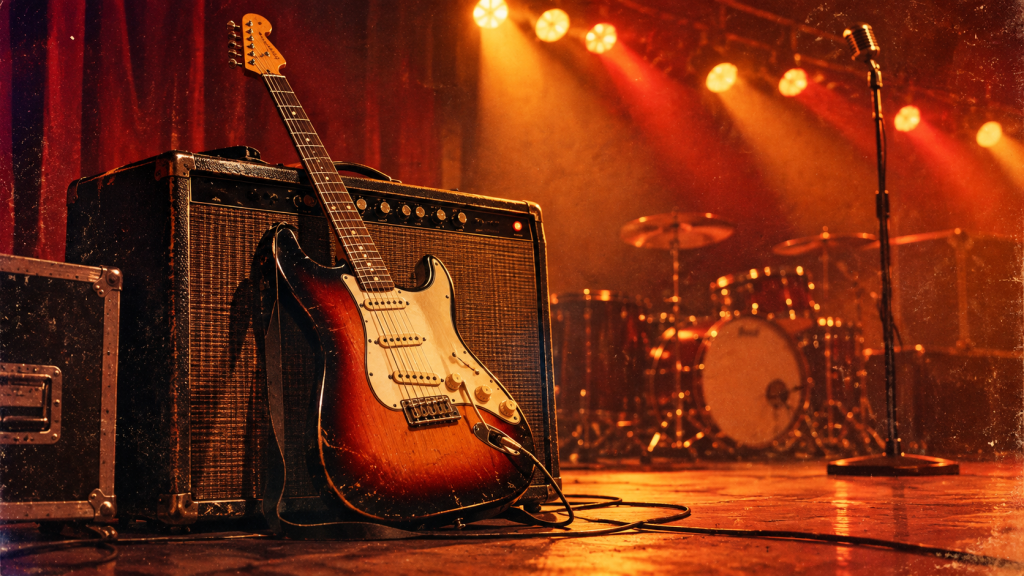 Guitarra eléctrica vintage con amplificador en un escenario iluminado - origen del rock